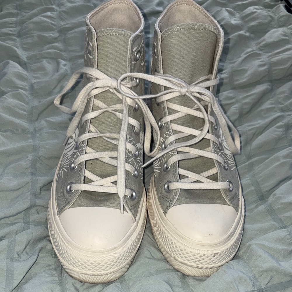 Converse Sage Green and White High-Top Sneakers with white leafy details